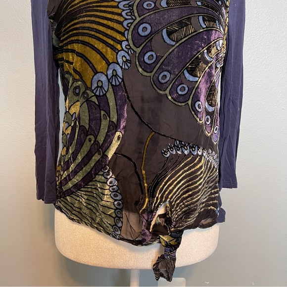 Chico’s Blue Wrap Tie Front Knit Top Artsy Peacock Print Velvet Burnout Size 3 - Picture 5 of 9